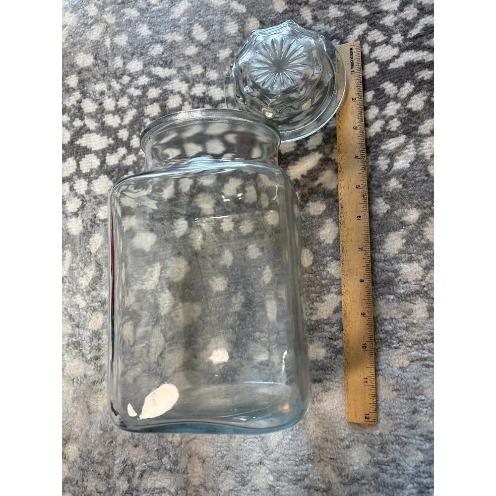 Vintage Anchor Hocking Clear Glass Square Apothecary Jar with Sunburst Lid USA